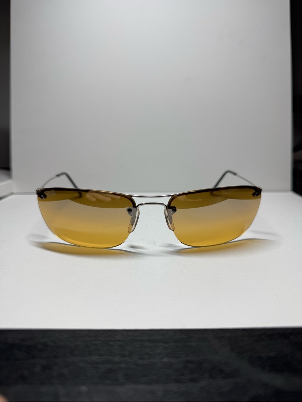 Vintage Ray-Ban RB3156 O03/7F 60□16 Top Oval Sunglasses Wire Rimless Amber Lens